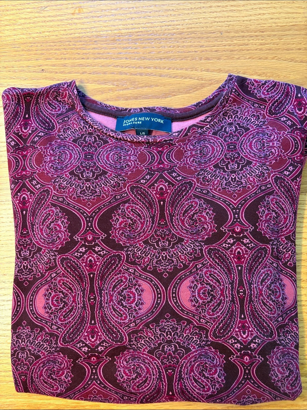 Jones New York Purple and Pink Paisley long Sleeve T. Sz large.  plus white tee
